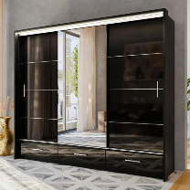 Black Gloss 3 Door Sliding Mirror Wardrobe – Marsylia 255cm | BEDK UK